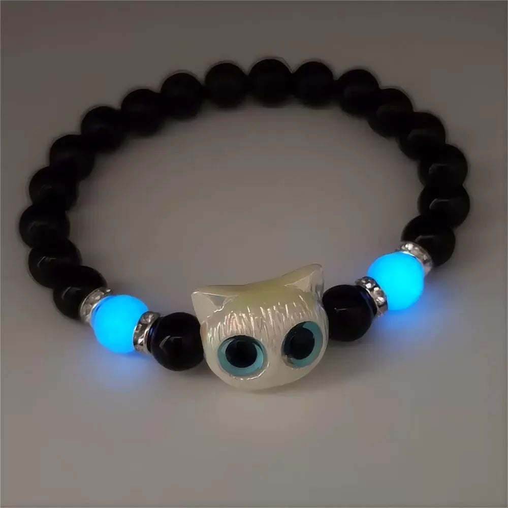 Luminous Cute Cat Head Bead Strand Bracelet for Couples Black White Cat Design Matching Friendship Jewelry for Men And Women