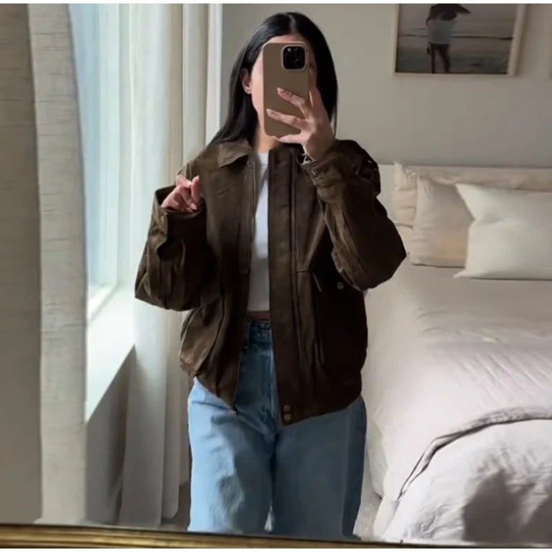 Brown Suede Jacket For Women Fashion Lapel Zipper Long Sleeve Pockets Motorcycle Bomber Coat 2025 New Spring Lady Loose Outwears
