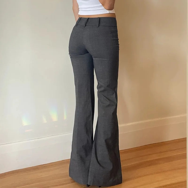 Lucyever Grey Low Waisted Flared Pants Female Y2K High Street Retro Wide Leg Trousers Fashion Slim Pocket Office Lady Suit Pants