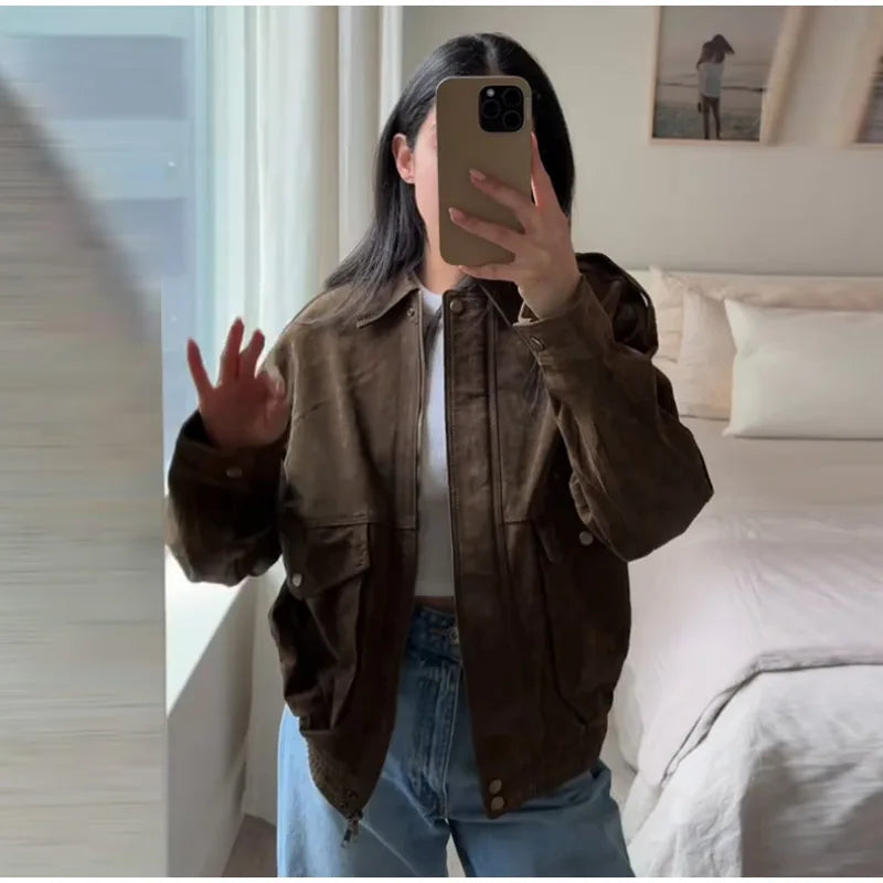 Brown Suede Jacket For Women Fashion Lapel Zipper Long Sleeve Pockets Motorcycle Bomber Coat 2025 New Spring Lady Loose Outwears