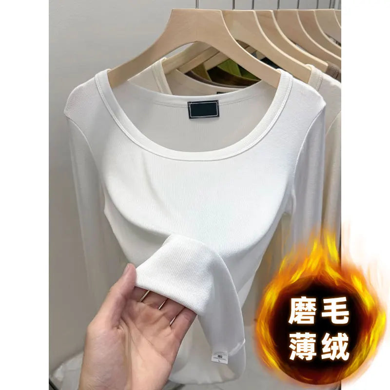 Fashionable U-Neck Long Sleeve Base Shirt Women's Slim Fit Low Collar Top T-Shirt Pure Color Commute Style Spring 2024