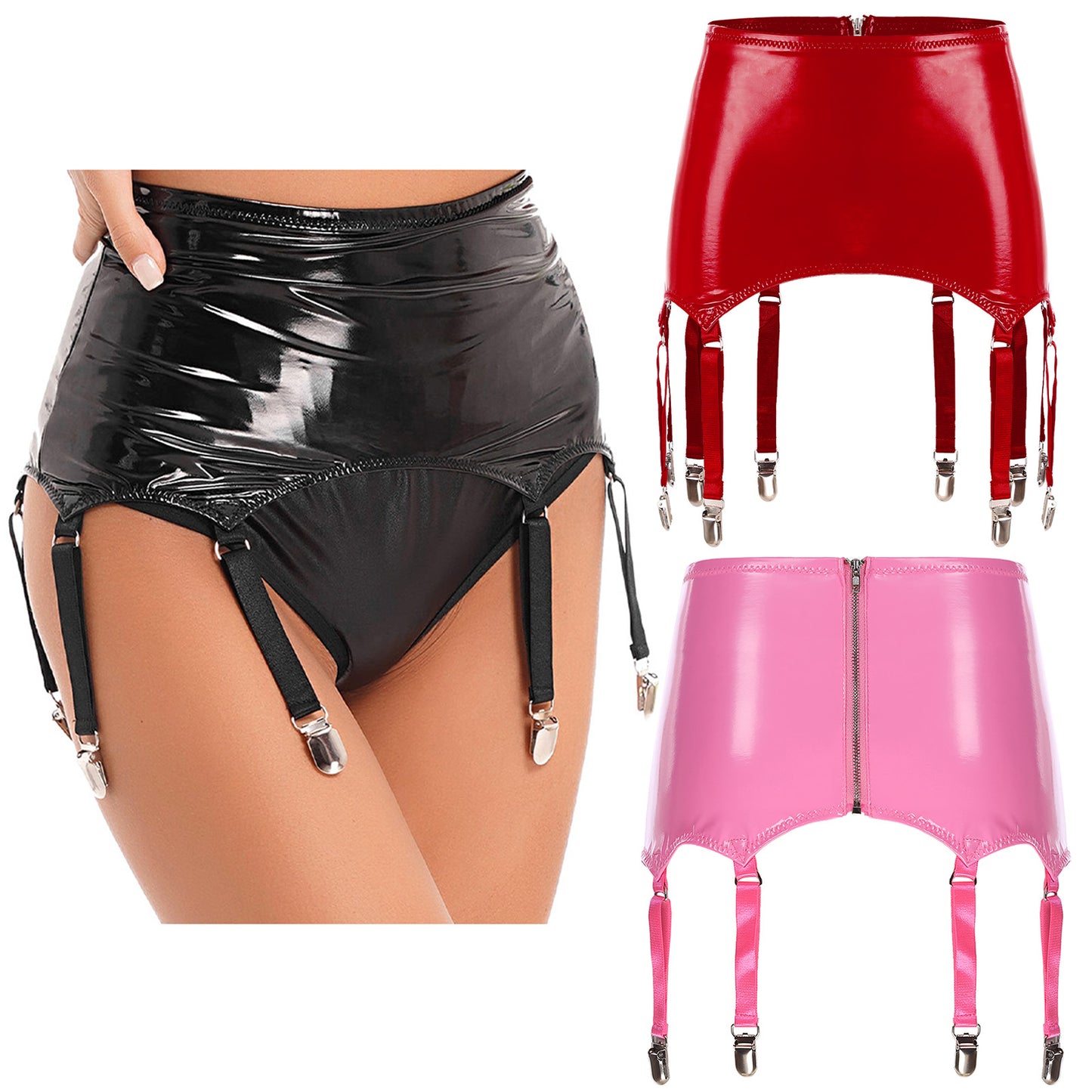 Womens Garters Latex Skirts Suspender Garters Belt Wet Look Patent Leather Mini Skirts Garters with Metal Clips Clubwear Costume