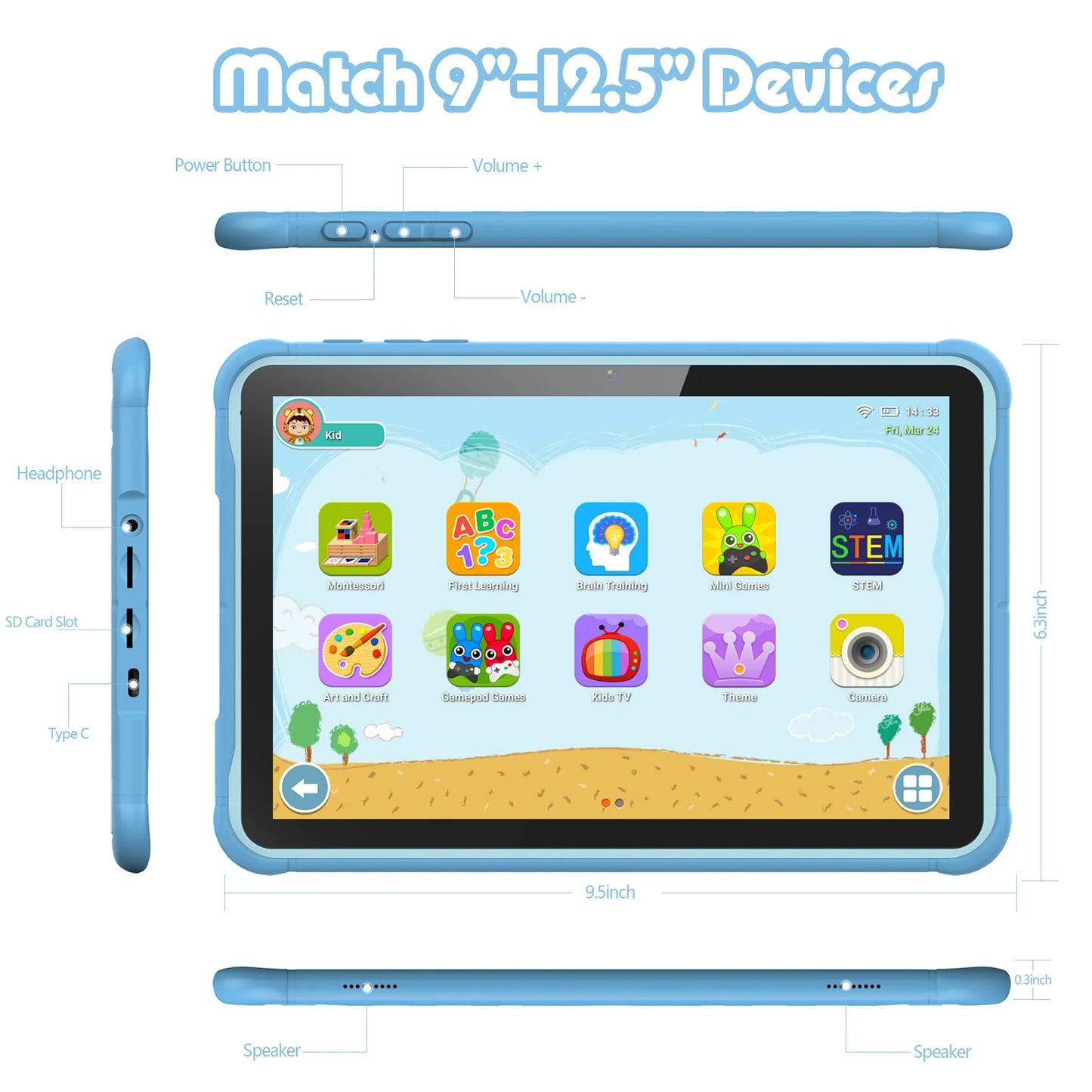 Pritom 10 Inch Kids Tablet Android 13 Go WIFI Quad Core Processor 2GB RAM 64GB ROM YouTube with Case