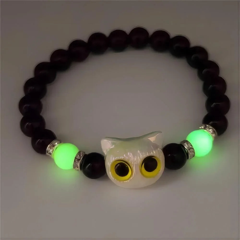 Luminous Cute Cat Head Bead Strand Bracelet for Couples Black White Cat Design Matching Friendship Jewelry for Men And Women