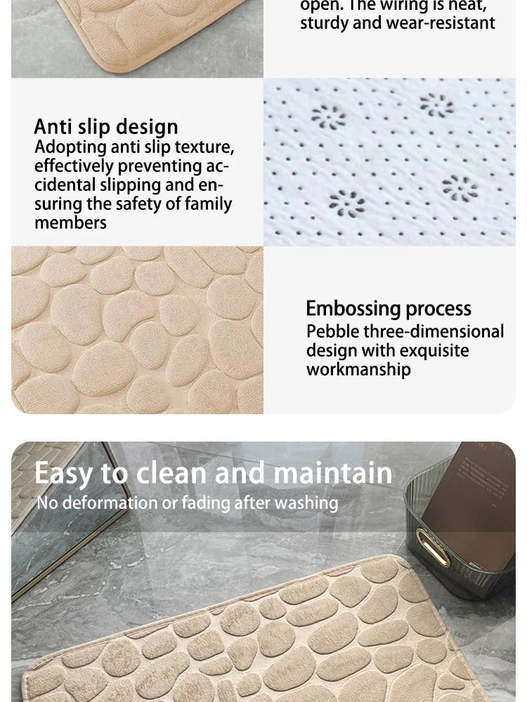 The bathroom door is embossed with pebbles, memory foam bath towel, water absorption, anti-skid indoor floor mat, foot pad