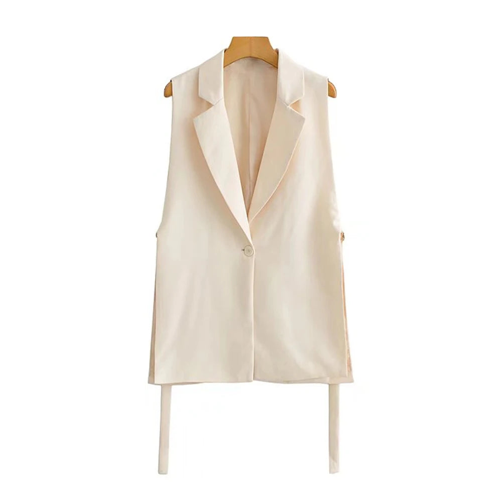 Women Fashion With Taps Side Vents Waistcoat Vintage Sleeveless Front Button Female Outerwear Chic Vest Tops