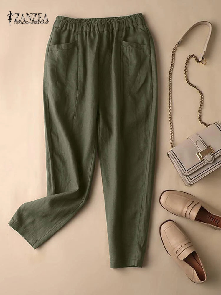 ZANZEA Summer Trousers Women Vintage Cotton Pants Elastic Waist Solid Harem Pant Casual Loose Pantalon Oversize Turnip Palazzo