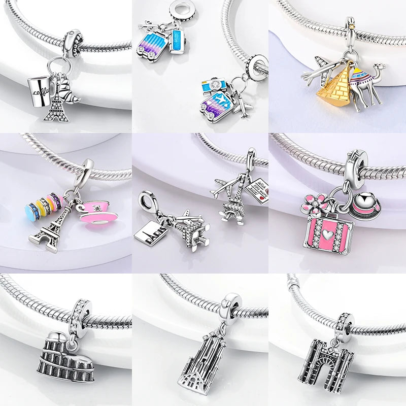 Travel Charm 925 Silver Plane Paris Tower Pendant Fit Bracelet Beads Making Woman Fashion Jewelry