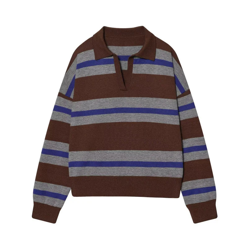 ETJ 2025 Autumn women's new line street style fashion yellow wide stripe polo neck loose version of long-sleeved sweater