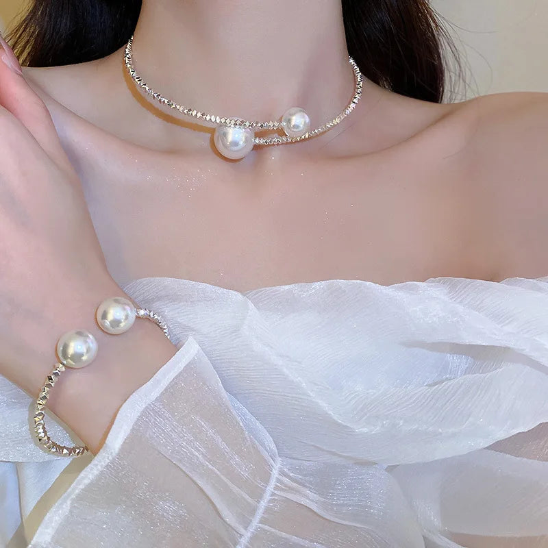 Zircon Double Layered Water Drop Heart Silver Scrap Imitation Pearl Cross Wave Open Collarbone Fine Pendant Necklaces Women K-