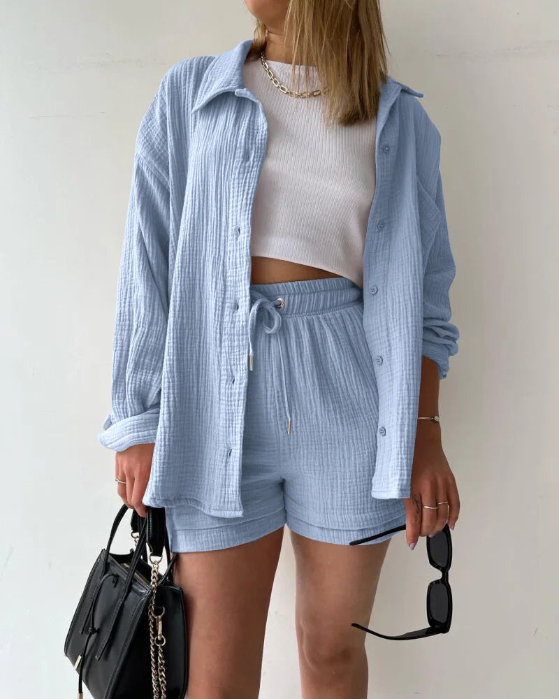 Summer Women's Suit Short Sets Outfits Muslin Suit For Women 2025 Two Piece Female Clothing Solid Button Outfits